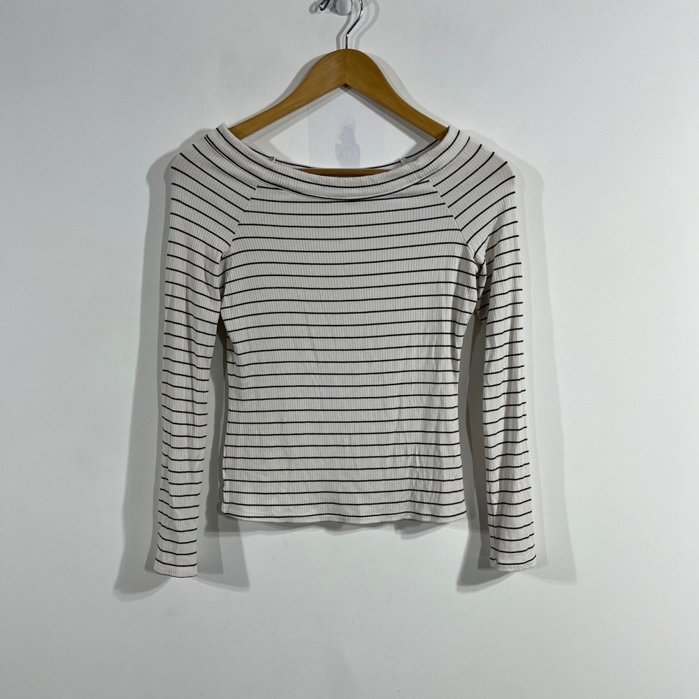 LOFT Fisherman Granola Ribbed Striped Boat Neck Top Womens Medium Coastal Boho